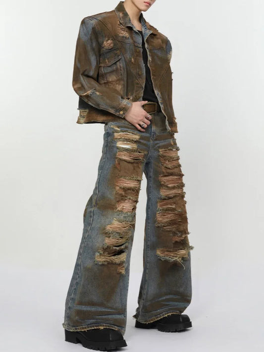2 pieces sets mens dirty graffiti wide shouder denim jeans jacket coat and ripped holes wide legs pants joggers streetwear sets relaxed fit joggers