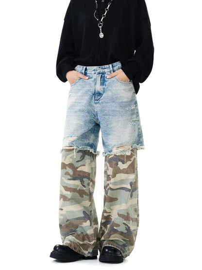 Camouflage Patchwork Jeans Mens Fake Two Items Street Punk Unisex Denim Pants Multiple Pockets Blue Size S-3XL Cowboy Trousers Street King Limited