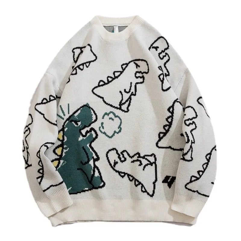 Fashion Knitted Sweater Autumn Winter O-neck Dinosaur Pattern Pullover Streetwear Unisex Casual Loose Sweaters Jumper Knitwears Street King Limited