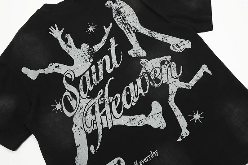Black White Blue SAINT T-shirt Men Woman Good Quality Vintage Cartoon Pattern Printing Loose Casual Top Tees Street King Limited
