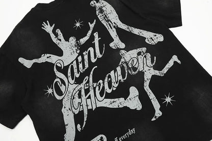 Black White Blue SAINT T-shirt Men Woman Good Quality Vintage Cartoon Pattern Printing Loose Casual Top Tees Street King Limited
