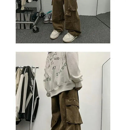 american hip hop large pocket workwear pants for men and women in autumn trend loose fitting straight leg casual wide leg pants unique default style 4762