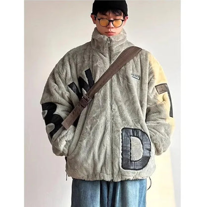 Street Lamb Wool Jacket Mens 2024 Winter Stand Collar Letter Patchwork College Parkas Fleece Warm New Thickening Couple Coats Street King Limited
