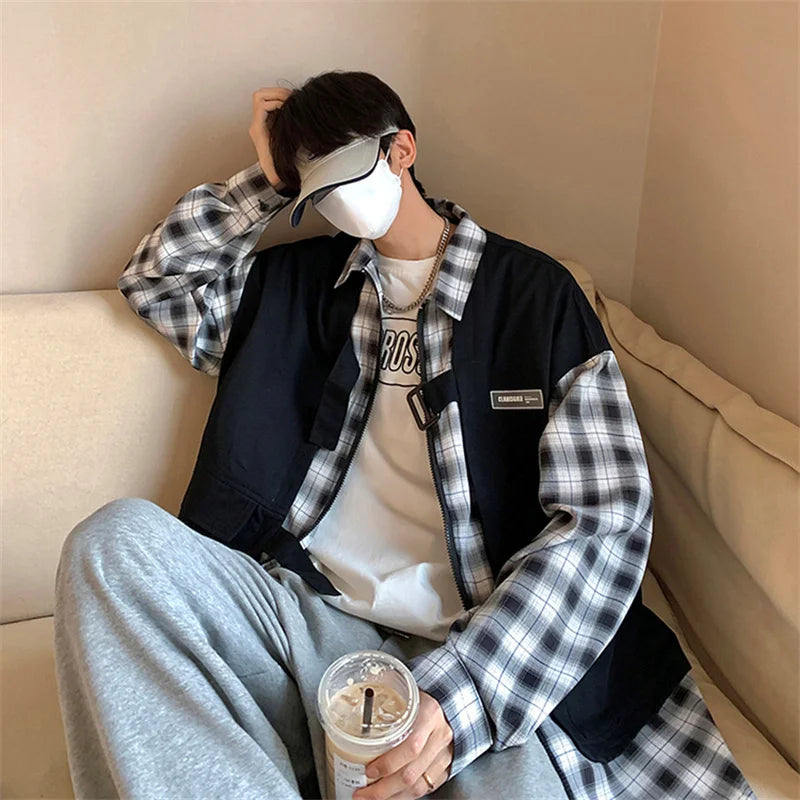 Streetwear New Fake Two Piece Zip Plaid Cargo Shirts Mens Japanese Streetwear Fas 2024 New Fake Two Piece Zip Plaid Cargo Shirts Mens Japanese Streetwear Fashion Social Shirt Autumn Long Sleeve Baggy Y2K Shirt Fashion Sweater Jacket With Graphic Design For Men