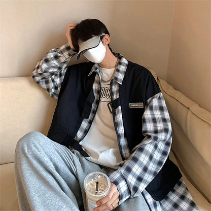 Streetwear New Fake Two Piece Zip Plaid Cargo Shirts Mens Japanese Streetwear Fas 2024 New Fake Two Piece Zip Plaid Cargo Shirts Mens Japanese Streetwear Fashion Social Shirt Autumn Long Sleeve Baggy Y2K Shirt Fashion Sweater Jacket With Graphic Design For Men