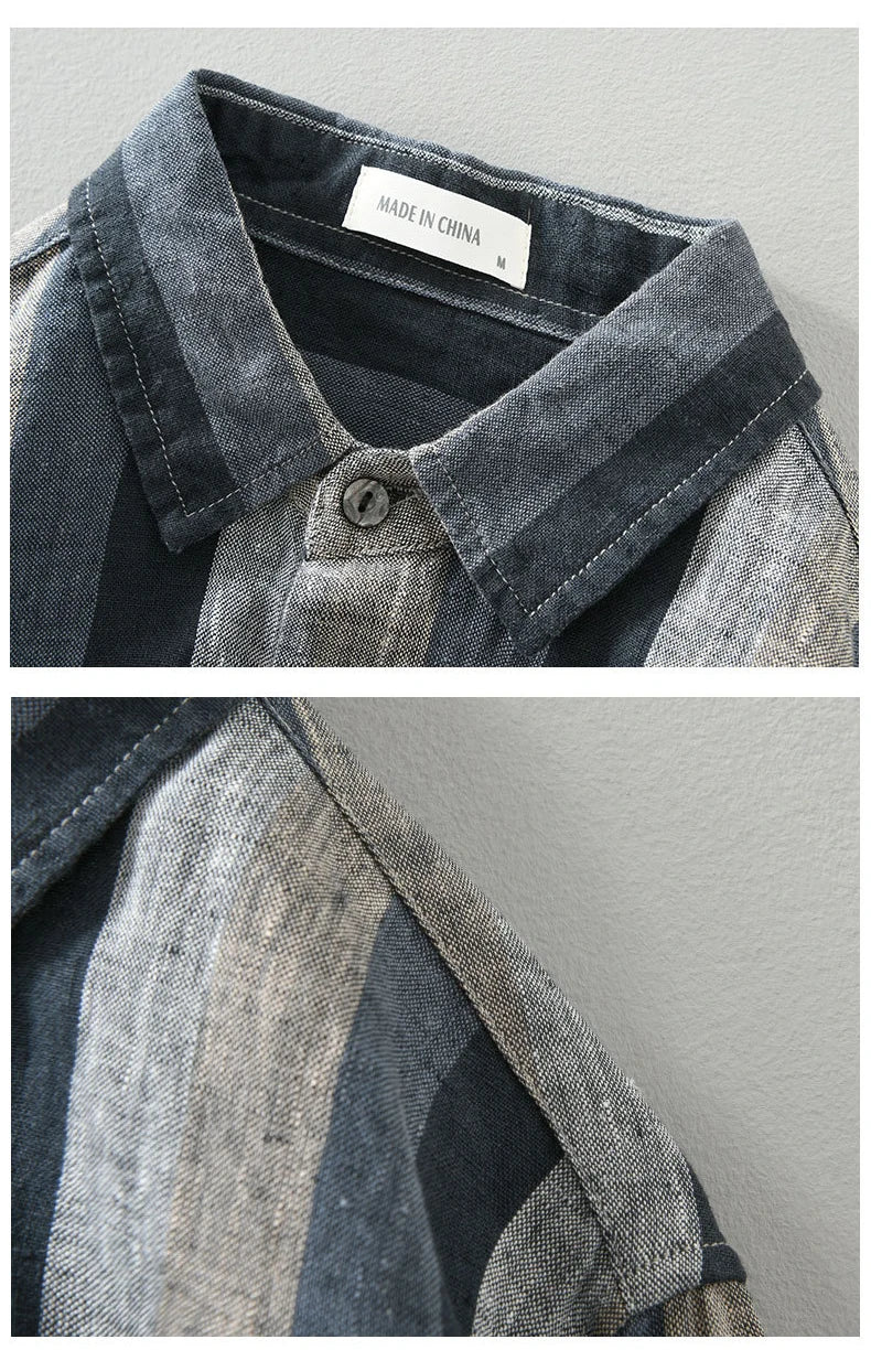 Linen Vertical Striped Long-Sleeved Shirt Men's Summer Thin Breathable Three-Quarter Sleeve Cotton And Linen Artistic Shirt Street King Limited