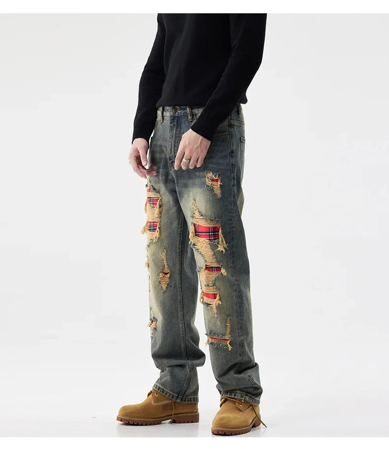 men broken hole patch loose casual plus size straight ripped denim pants jeans man streetwear fashion baggy jeans trousers unique jeans style 3046