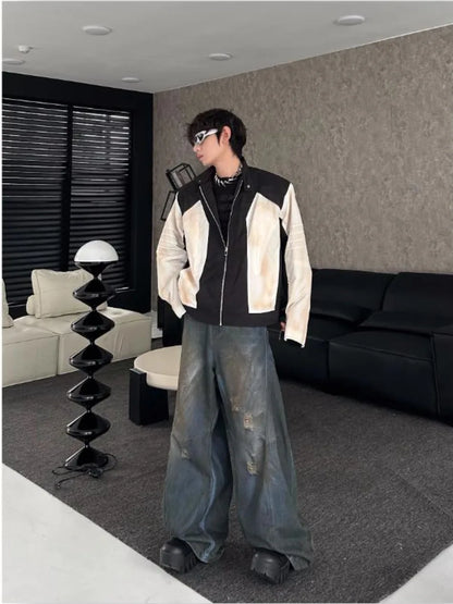 street american color block mens jacket 2024 new autumn zipper patchwork shoulder pads racing coats motorcycle windbreaker unique default style 3218