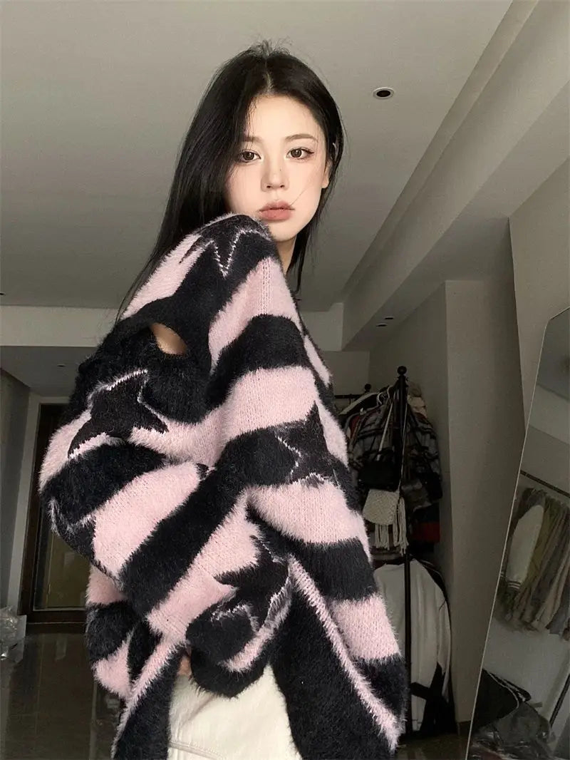 Punk Gothic Long Sweater Women Furry Knitted Sweaters Y2K Streetwear Loose Hollow Out Detachable Pullovers Harajuku Sexy Tops Street King Limited