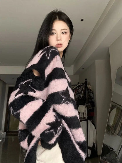 Punk Gothic Long Sweater Women Furry Knitted Sweaters Y2K Streetwear Loose Hollow Out Detachable Pullovers Harajuku Sexy Tops Street King Limited