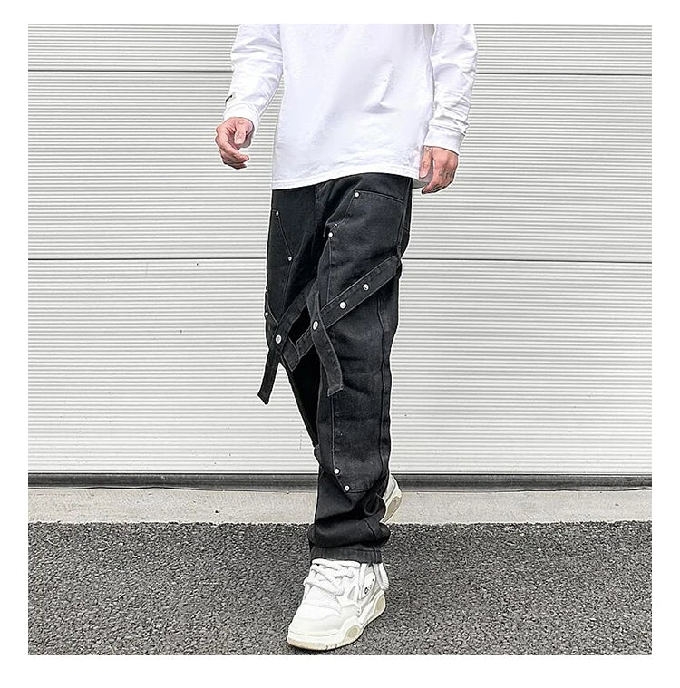 fashion knee adjust belt decoration denim jeans zipper straight jeans hip hop streetwear mens casual loose joggers jeans pants unique joggers style 1538