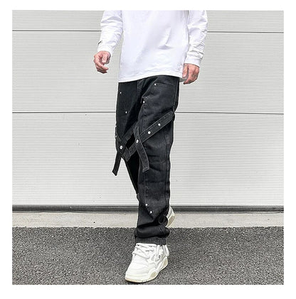 fashion knee adjust belt decoration denim jeans zipper straight jeans hip hop streetwear mens casual loose joggers jeans pants unique joggers style 1538