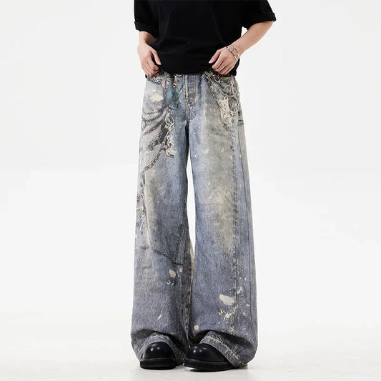 new 3d chain printed baggy jeans for men and women casual baggy straight denim pants high street wide leg y2k blue jean stacked flare jeans