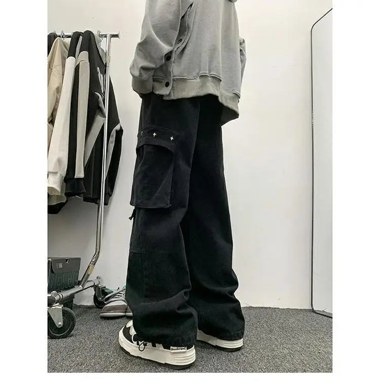 american hip hop large pocket workwear pants for men and women in autumn trend loose fitting straight leg casual wide leg pants unique default style 4775