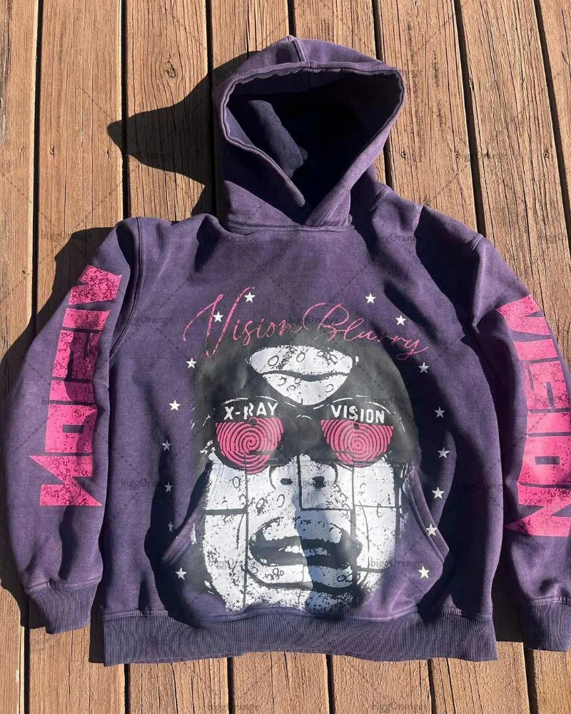 American Gothic Punk Cartoon Letter Print Oversized Hoodie Men's Fashion Loose Harajuku Style Pullover Sweatshirt Women's Street King Limited