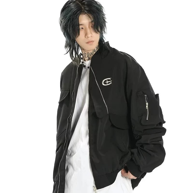 american street pilot jacket mens spring irregular trend loose tooling male coats zipper multiple pockets couple baseball jersey relaxed fit trousers