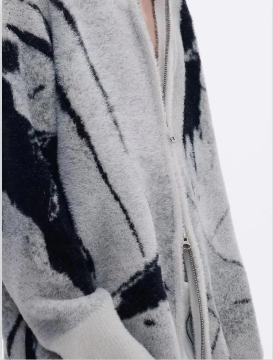 Color Blocked Gradient Cardigan Mens Imitation Mink Fur Jacquard Trend Couple Knitted Jacket Zipper High Street Sweater Coats Street King Limited