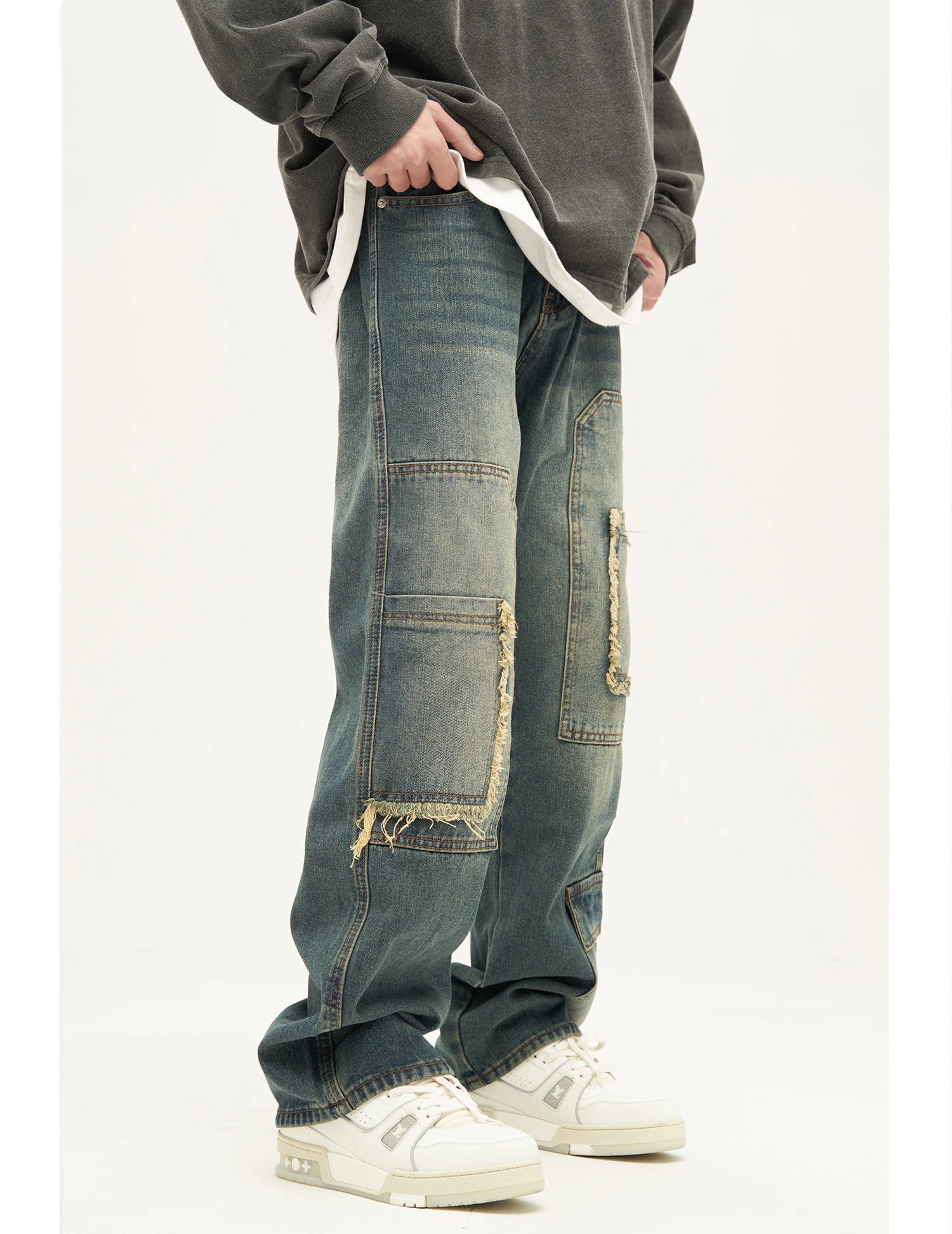 retro washed denim jeans destroyed ripped loose mens biker jeans side pocket fashion streetwear hip hop straight pants joggers unique joggers style 1199