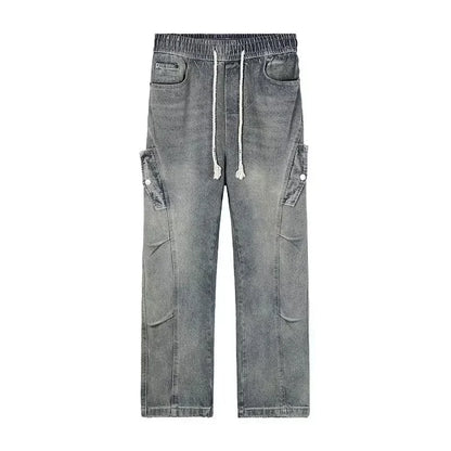 2025 new hip hop multi pockets straight jeans for men high street cargo denim pants spring y2k vintage distressed baggy jean unique cargo style 3352