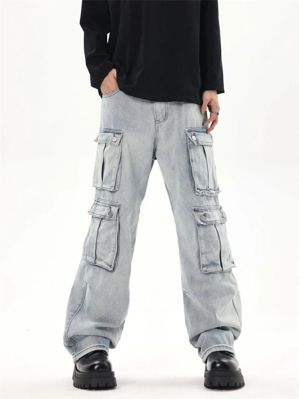 2024 multi pocket jeans vintage mens harajuku cargo denim pants retro hip hop straight loose jean pants unique cargo style 1005
