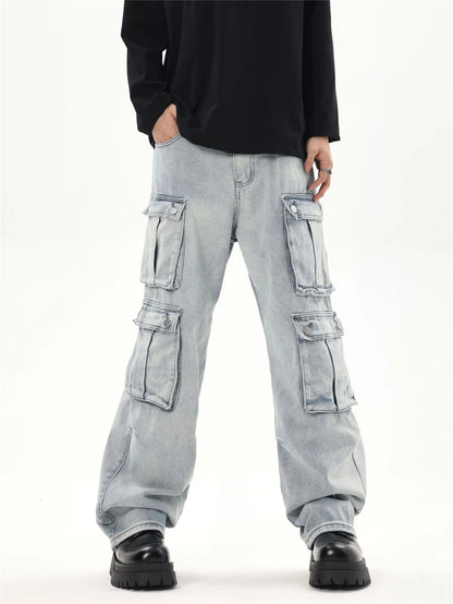 2024 multi pocket jeans vintage mens harajuku cargo denim pants retro hip hop straight loose jean pants unique cargo style 1005
