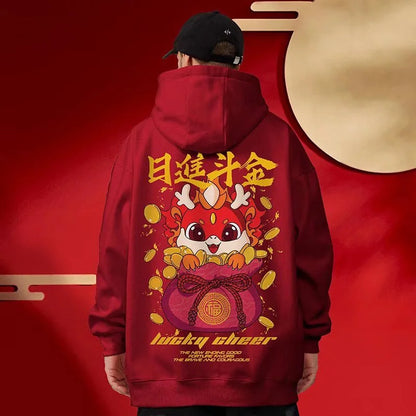 Lucky Cheer Dragon Printed Hoody Man Y2K Streetwear Clothes Fleece Hip Hop Loose Fashion Pullover Sweatshirts Graphic Hoody Street King Limited