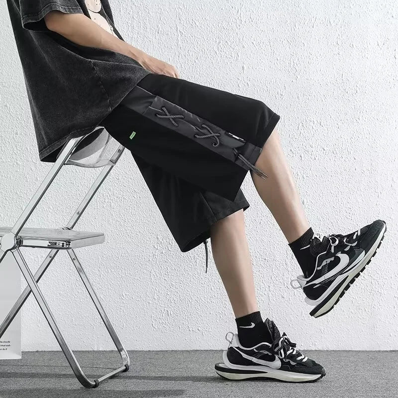 mens stitching rope athletic shorts drawstring breathable patchwork short pants summer outdoor streetwear y2k bermudas hombre unique shorts style 3226