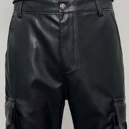 pu leather pants mens streetwear fashion hip hop vibe casual faux leather cargo flared pant men motorcycle trousers unique cargo style 2944