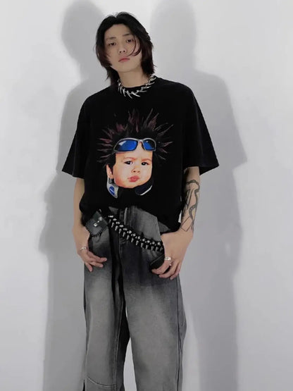 Korean pure cotton printed short-sleeved T-shirt for men and women creative angel hip-hop street Y2K loose half sleeved top Street King Limited