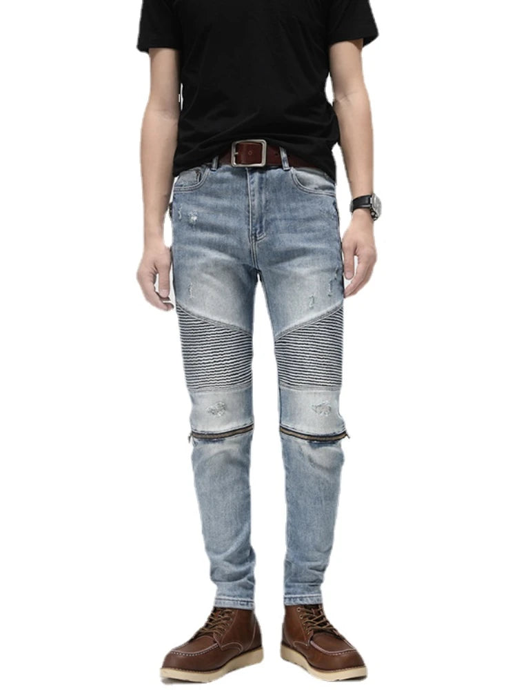 knee zipper patchwork pleated skinny denim jeans men casual slim biker trousers jeans fashion streetwear hip hop pants joggers relaxed fit joggers