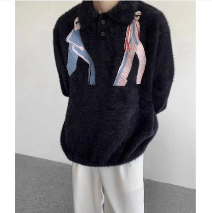 Korean Embroidery Lapel Sweater Mens Spring Street Trends Soft Seahorse Hair Loose Pullover Thickening Y2K Couple Knitwear New Street King Limited