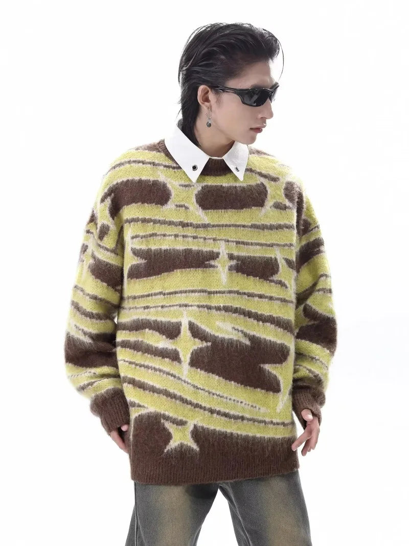japanese hip hop sweater set men contrast zebra pattern round neck knit top splicing distressed loose jeans 2 pcs harajuku suit unique jeans style 3954