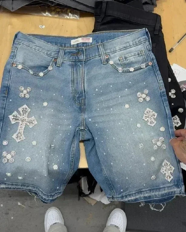 Denim Gym Shorts Men Women Y2K Hip Hop Retro Rhinestones Streetwear Shorts Gothic Baggy Jeans High Waist Basketball Shorts Street King Limited