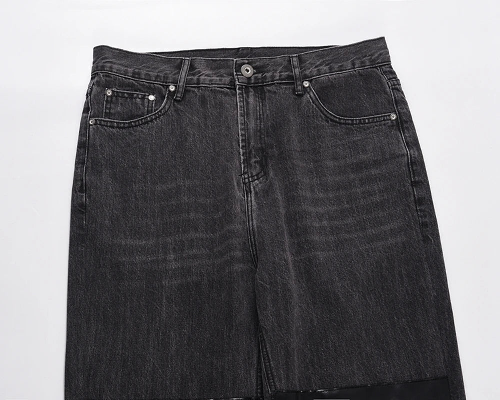 retro pu leather butterfly embroidery black jeans for men straight patchwork casual baggy denim pants loose jean trousers unique jeans style 1265