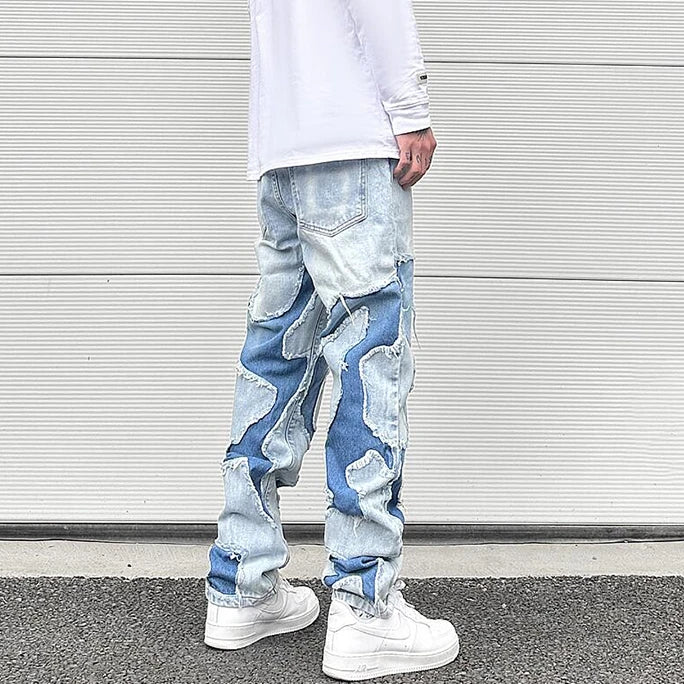 ripped irregular patchwork design denim jeans men casual zipper biker trousers jeans fashion streetwear hip hop pants joggers unique joggers style 2619
