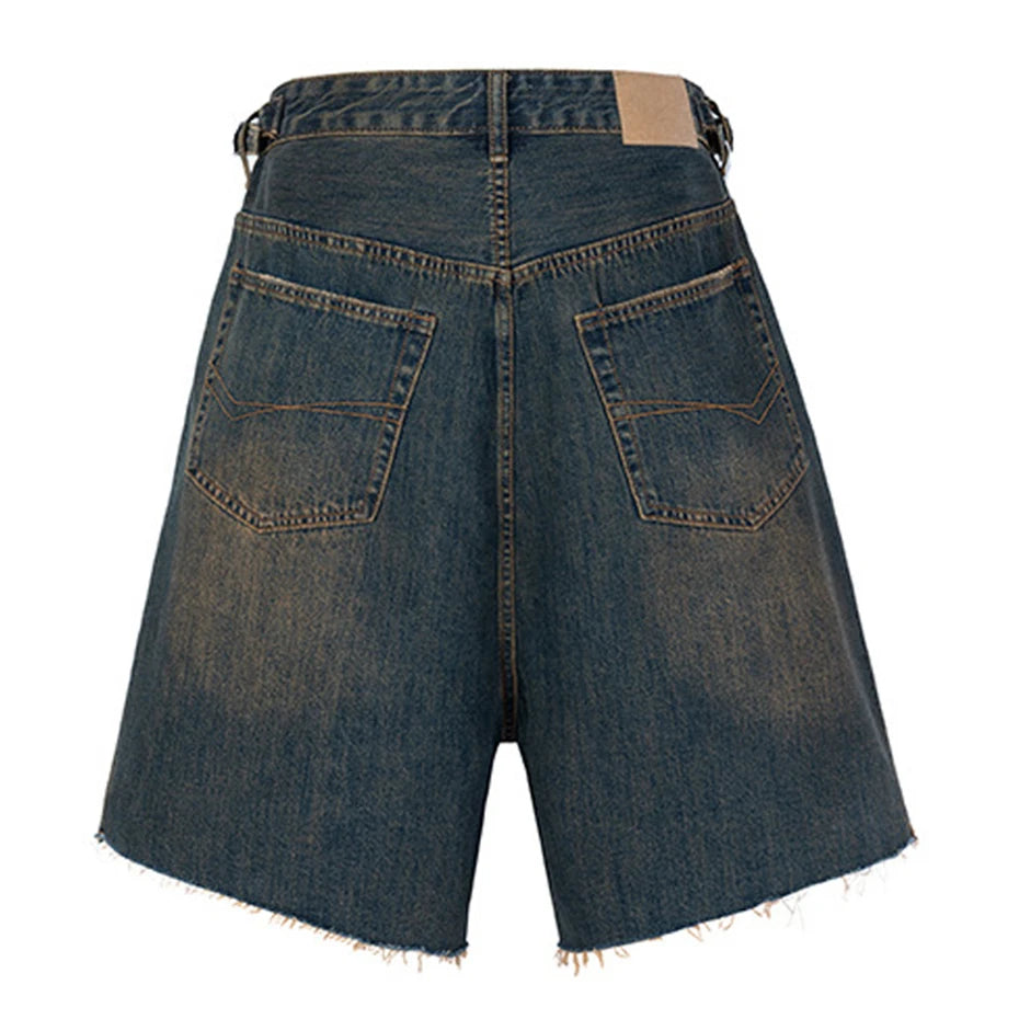 wide leg vintage jeans short men summer loose casual blue denim pants retro y2k shorts ripped baggy denim