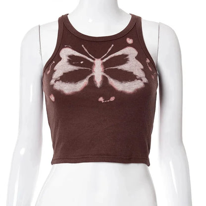 Top women Y2K Aesthetics Butterfly Print Brown Crop Tops Indie Streetwear O-neck Sleeveless Tank Tops 90s Fashion Summer Vests Street King Limited