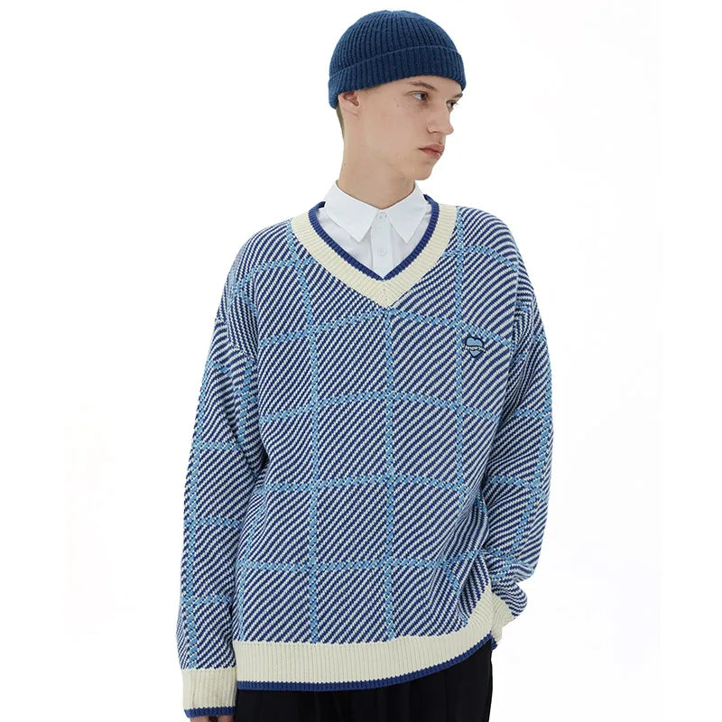 Men Hip Hop Knitted Sweater Streetwear Embroidery Heart Plaid Pullover 2023 Autumn Harajuku Cotton Casual Pullover Sweater Blue Street King Limited
