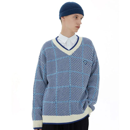 Men Hip Hop Knitted Sweater Streetwear Embroidery Heart Plaid Pullover 2023 Autumn Harajuku Cotton Casual Pullover Sweater Blue Street King Limited