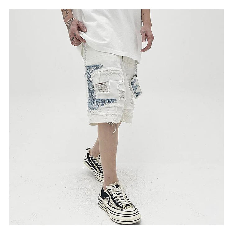 Mens High Street Denim Jean Shorts Casual Loose Destroyed Ripped Holes Loose Shorts Patchwork Hip Hop Streetwear Short Joggers Street King Limited
