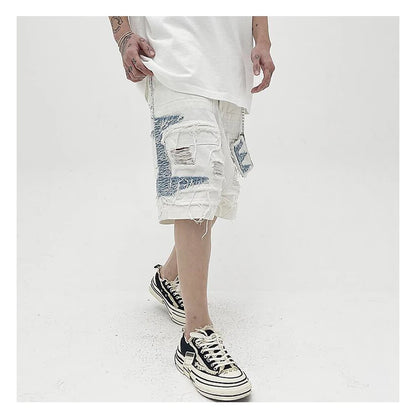 Mens High Street Denim Jean Shorts Casual Loose Destroyed Ripped Holes Loose Shorts Patchwork Hip Hop Streetwear Short Joggers Street King Limited