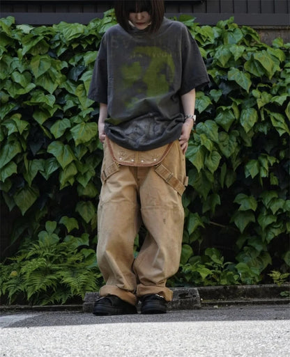 24ss Summer Retro Vintage Portrait Quality Printing High-Street Distressed T-Shirt Tops Street King Limited