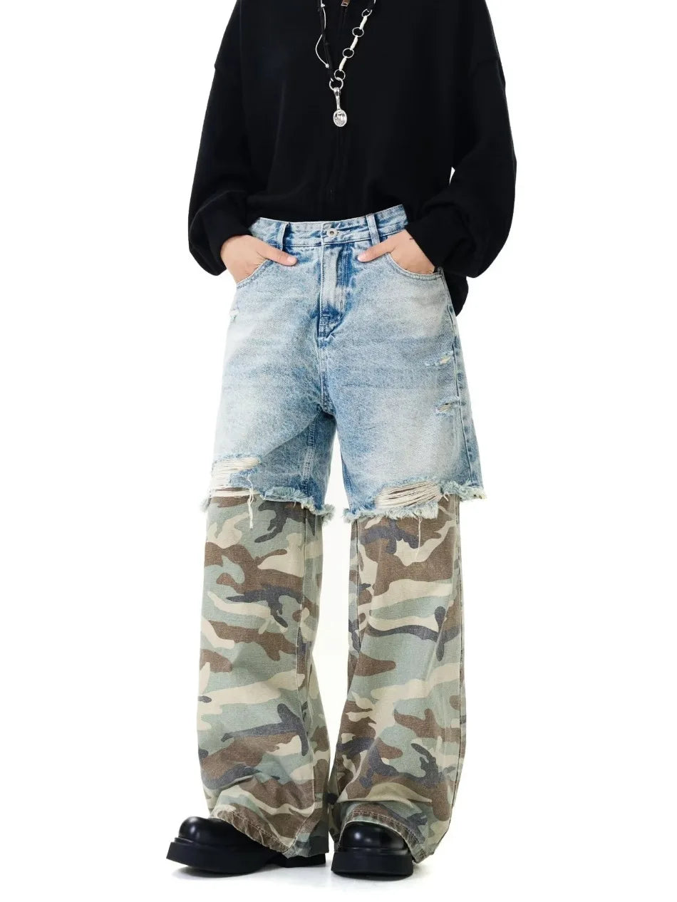 Camouflage Patchwork Jeans Mens Fake Two Items Street Punk Unisex Denim Pants Multiple Pockets Blue Size S-3XL Cowboy Trousers Street King Limited