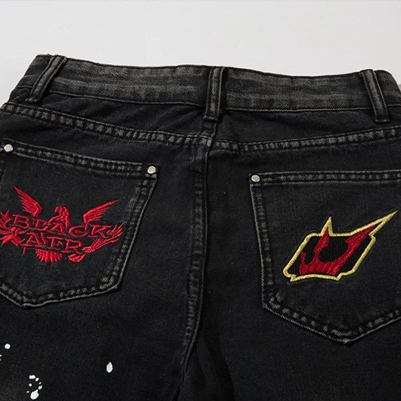Men Jeans Trend  Hip Hop Long Pants Fashion Washed Monogram Embroidery Denim Trousers Straight Casual Loose Pants New Streetwear Street King Limited