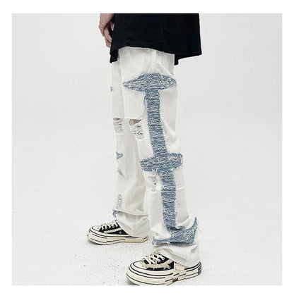 mens high street denim jean pants casual loose destroyed ripped holes straight jeans side patchwork hip hop streetwear joggers unique joggers style 1740