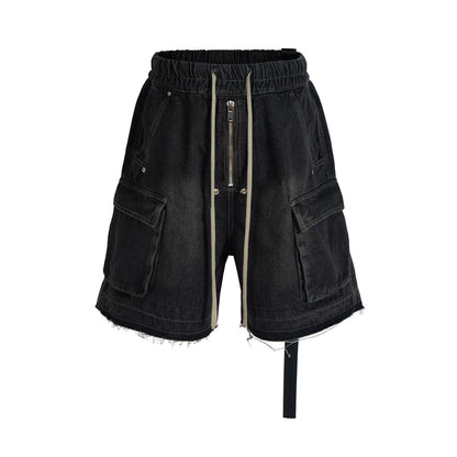 ro style ribbons streetwear multi pockets cargo short for men elastic waist wide leg baggy jeans knee length pants loose overall baggy cargo bottoms