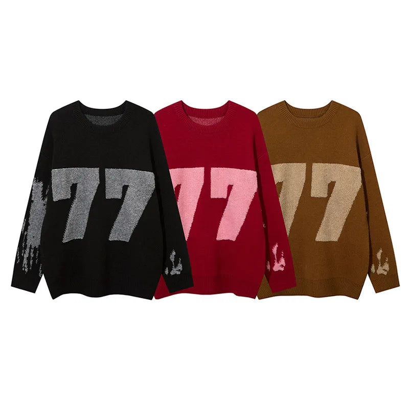 Men's Digital Pattern Knitted Pullover Autumn Winter Oversized Loose Thick Sweater High Street Trend Hip Hop Jumper Unisex Y2K Street King Limited