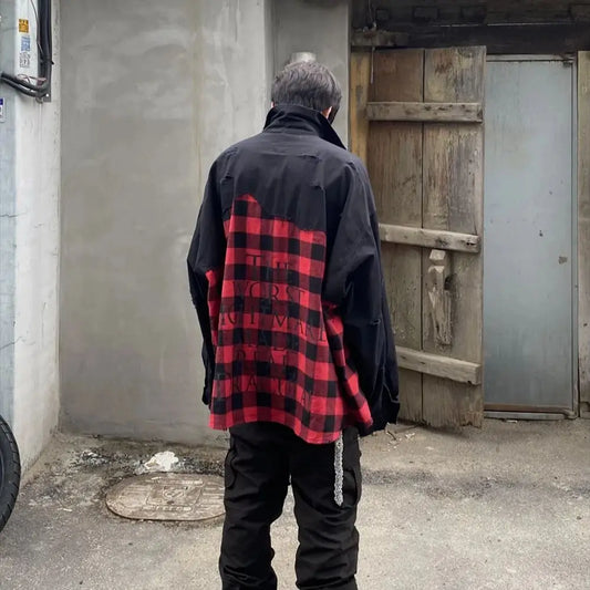 Undermycar 2023 New Worn Out Heavy Work Durable Splice Extra Large Loose Plaid Shirt with Black and Red Plaid Street King Limited