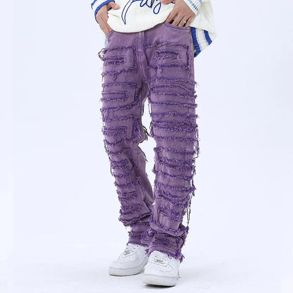 tassel hole spliced european and american straight leg denim pants new popular patch jeans mens wear ripped baggy denim