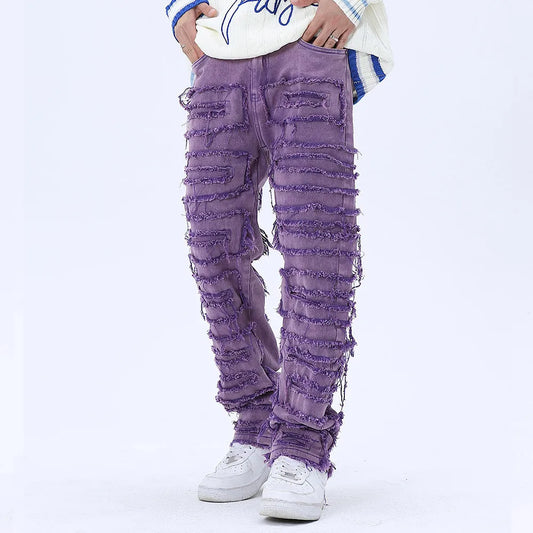 tassel hole spliced european and american straight leg denim pants new popular patch jeans mens wear ripped baggy denim